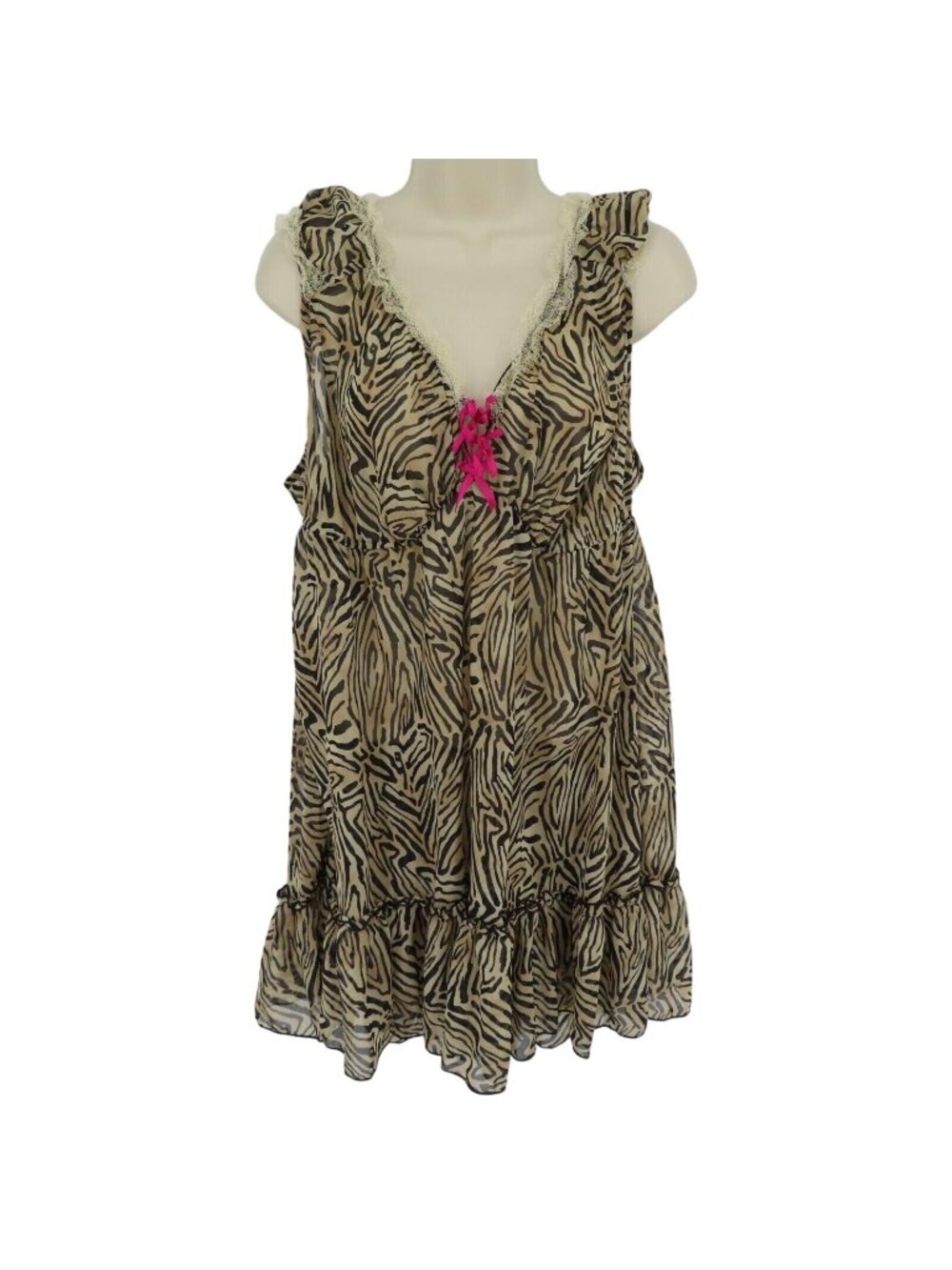 Cacique 22/24 Zebra Animal Print Pink Bow Lace Trim Tank Top Sleep Shirt Dress